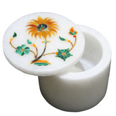 White Round Marble Ring Box with Multi-Stone Inlay – Elegant Jewelry Storage USA